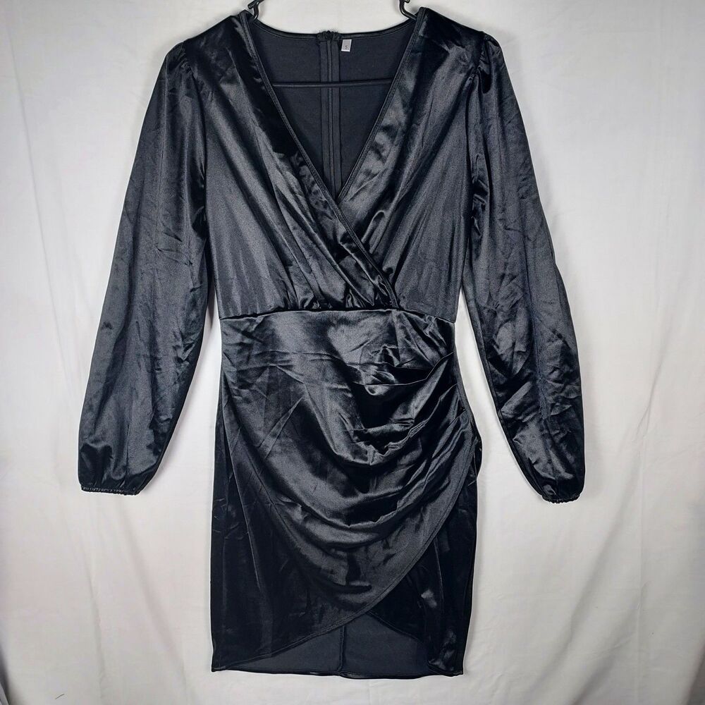 Yajedo Satin V-Neck Dress Size Small Black Party/Cocktail Long Sleeve New